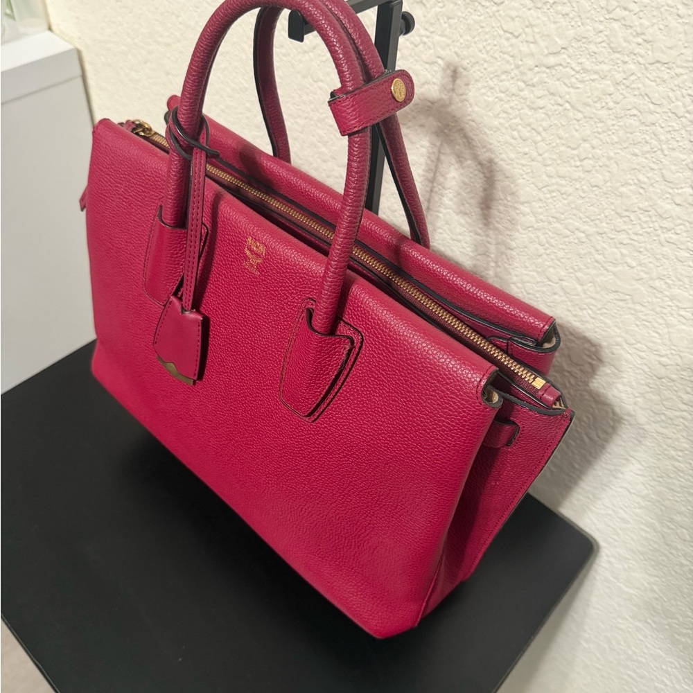 MCM Wine Red Pebbled Leather Top-Handle Satchel - Picture 3 of 8